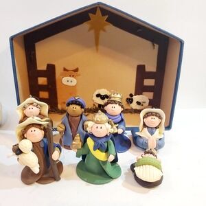 Christmas Children's Nativity Ornaments Set of 7 Polymer Clay Figures & Creche